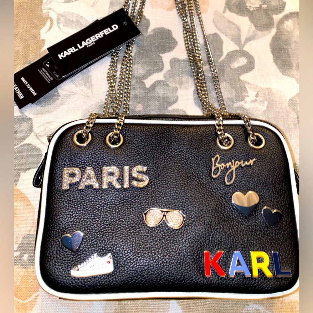 NWT KARL LAGERFELD MUERICE PARIS BLACK LEATHER-CROSSBODY-SILVER HARDWARE